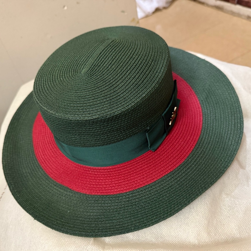 Green and Red Straw Hat with Ribbon
